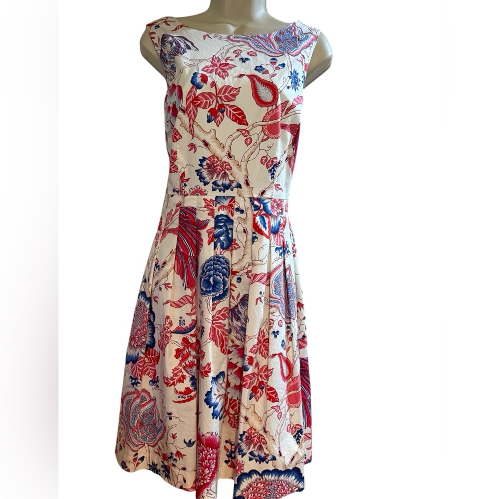 Talbots Floral Fit & Flare Dress Size 10 Ivory, Red,Blue sleeveless Midi
